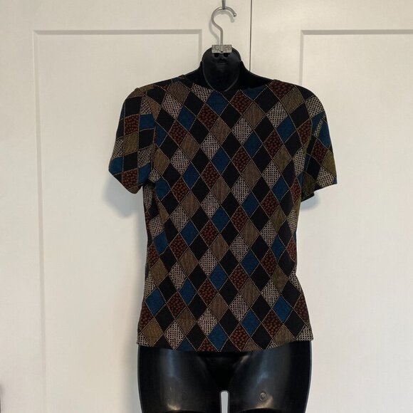 Western Connection Vintage Argyle‎ Diamond Print Stretchy Tee Shirt Top Size L/G - Picture 5 of 7